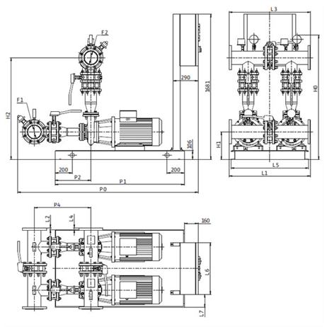 Габаритный чертеж насосной станции Wilo CO-2 BL 100/220-7,5/4/SK-FFS-D-R